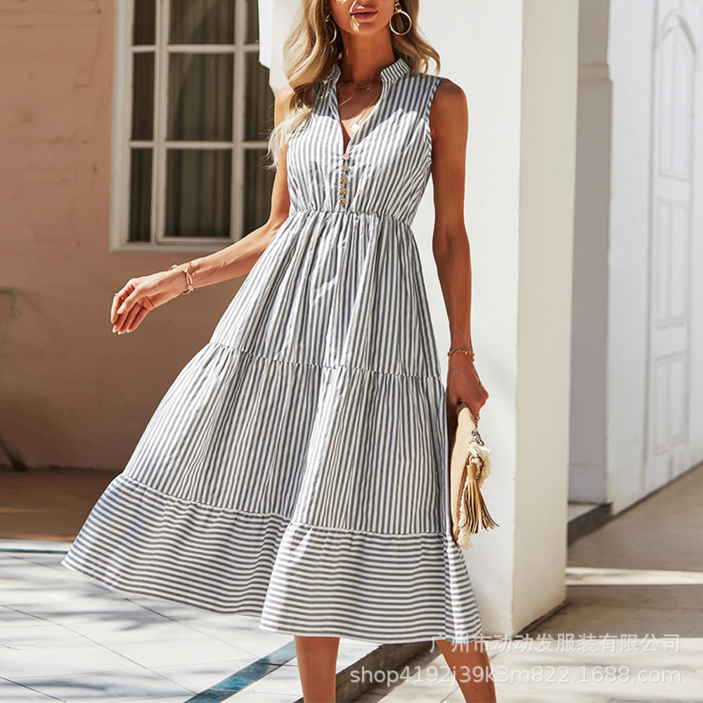 Women's Gray Striped Collared V-Neck Sleeveless Tiered Maxi Dress